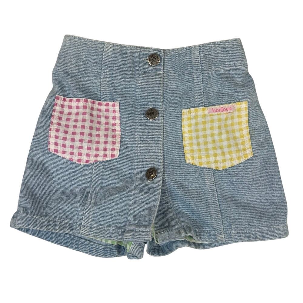 Vintage 90s Bonjour Denim Jean Skort Skirt Gingham Plaid Shorts Pockets Girls 5